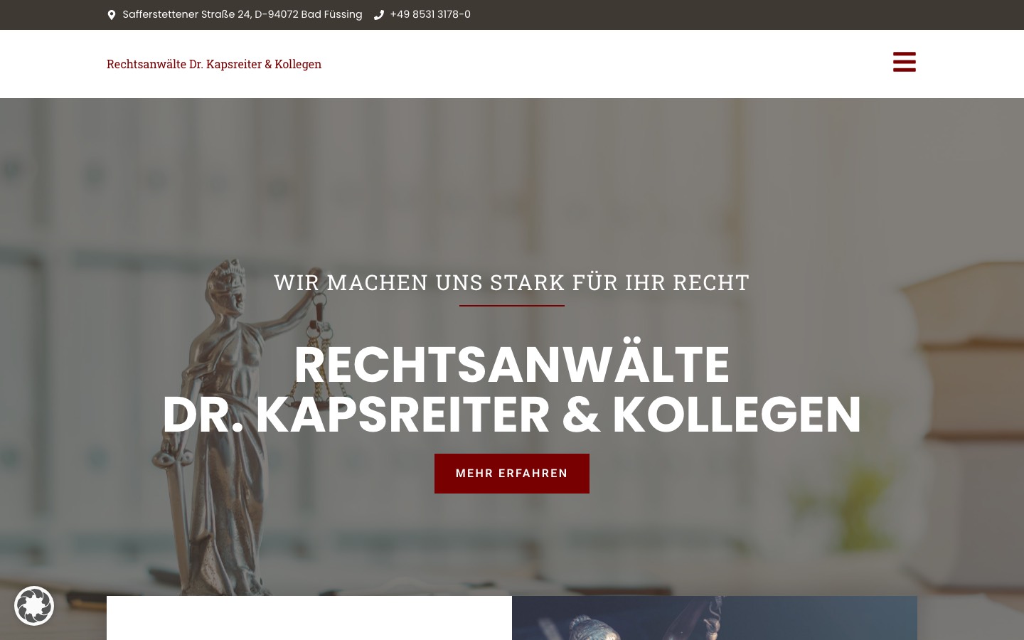 Startseite der Kanzlei-Website Dr. Kapsreiter & Kollegen mit Justitia-Figur