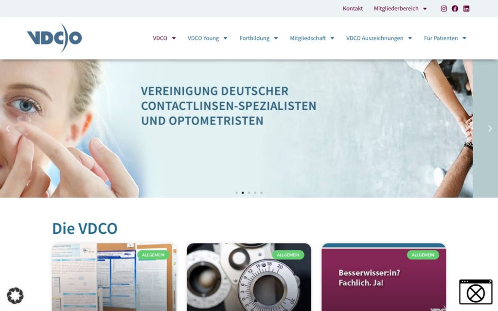 Startseite von vdco.de mit Navigation und Bildbereich zur Kontaktlinsenanpassung
