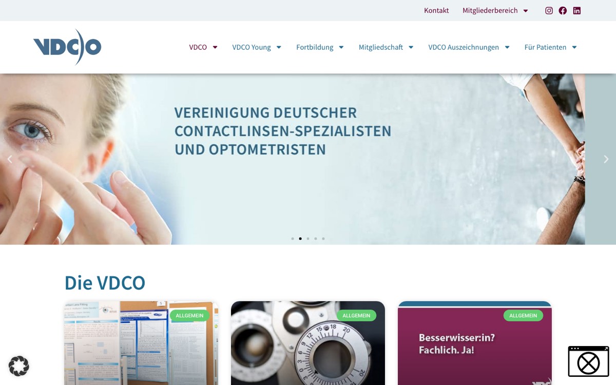 Startseite von vdco.de mit Navigation und Bildbereich zur Kontaktlinsenanpassung